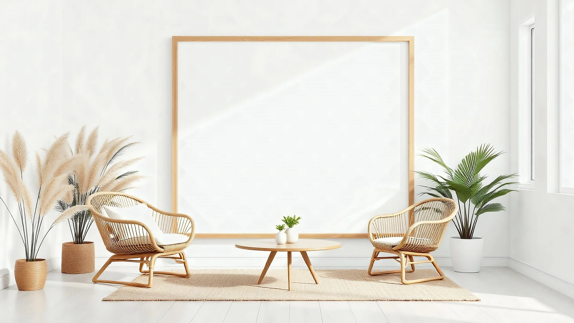 Frame mockup in white modern interior with rattan furniture and pampas, 3d render