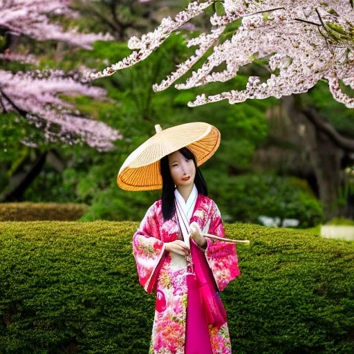 portrait of gorgeous, stunning Japanese woman with bamboo umbrella, cherry blossoms, kimono, realistic, photo illustrative, ornate, 8K resolution, high-quality, fine-detail, digital art, detailed matte, Brett Hardin, Henry Ryland, Anna Dittman, Greg Rutowski