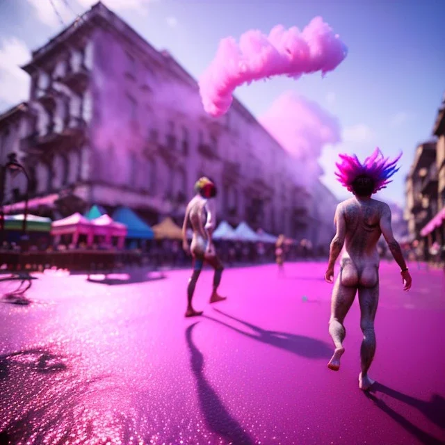 Ultra Realistic photo, medium shot view, drunken dancer strong naked man, carnival scene, monster hair, steampunk. Pink hair, confeti, Sunglasses, smoking, happy, festival, red fog. highly detailed, concept art, unreal engine 5, ray tracing, RTX, lumen lighting, ultra detail, volumetric lighting, 3d, finely drawn, high definition, high resolution.