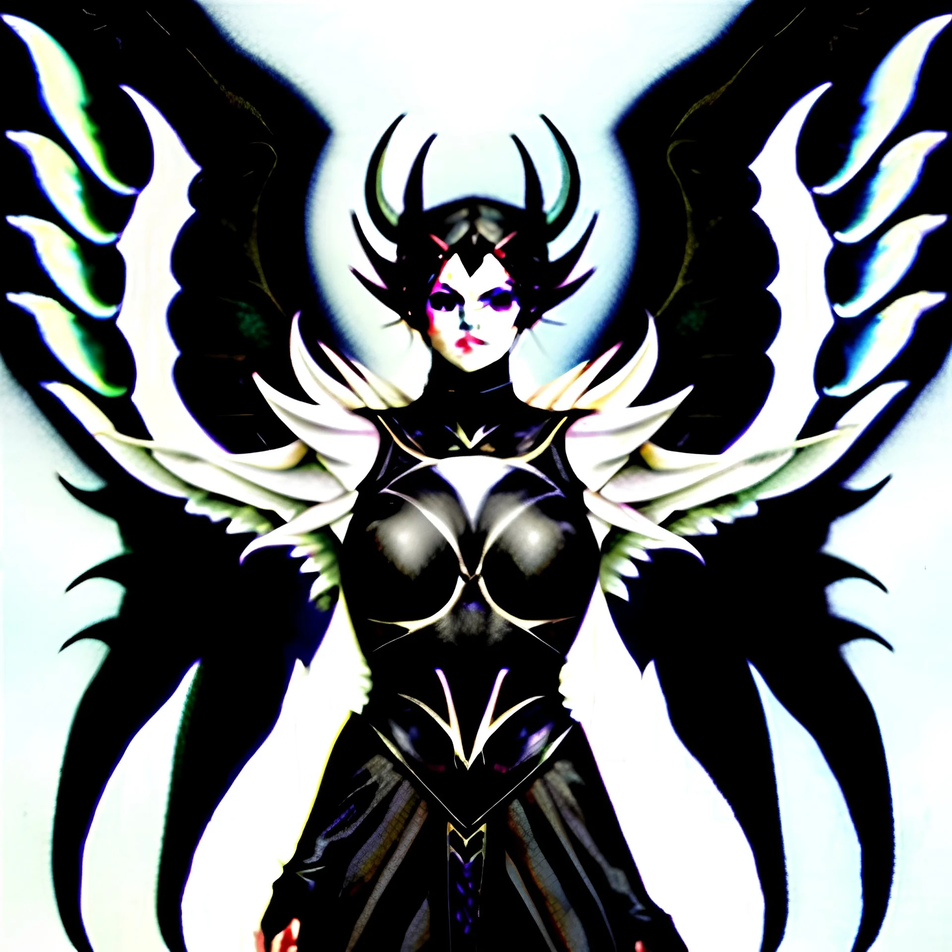 angel, demon, angel demon hybrid, half angel, half demon, black angel wings, white demon wings, black and white, balance, horns, armor, noble clothes, black and white armor, black and white clothes