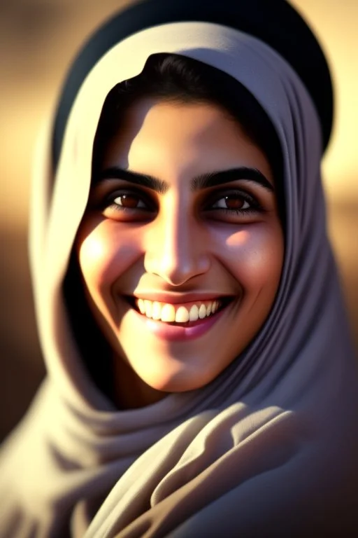 Palestinian woman with beautiful face turning her face slightly to the left and a beautiful smile and her mouth closed