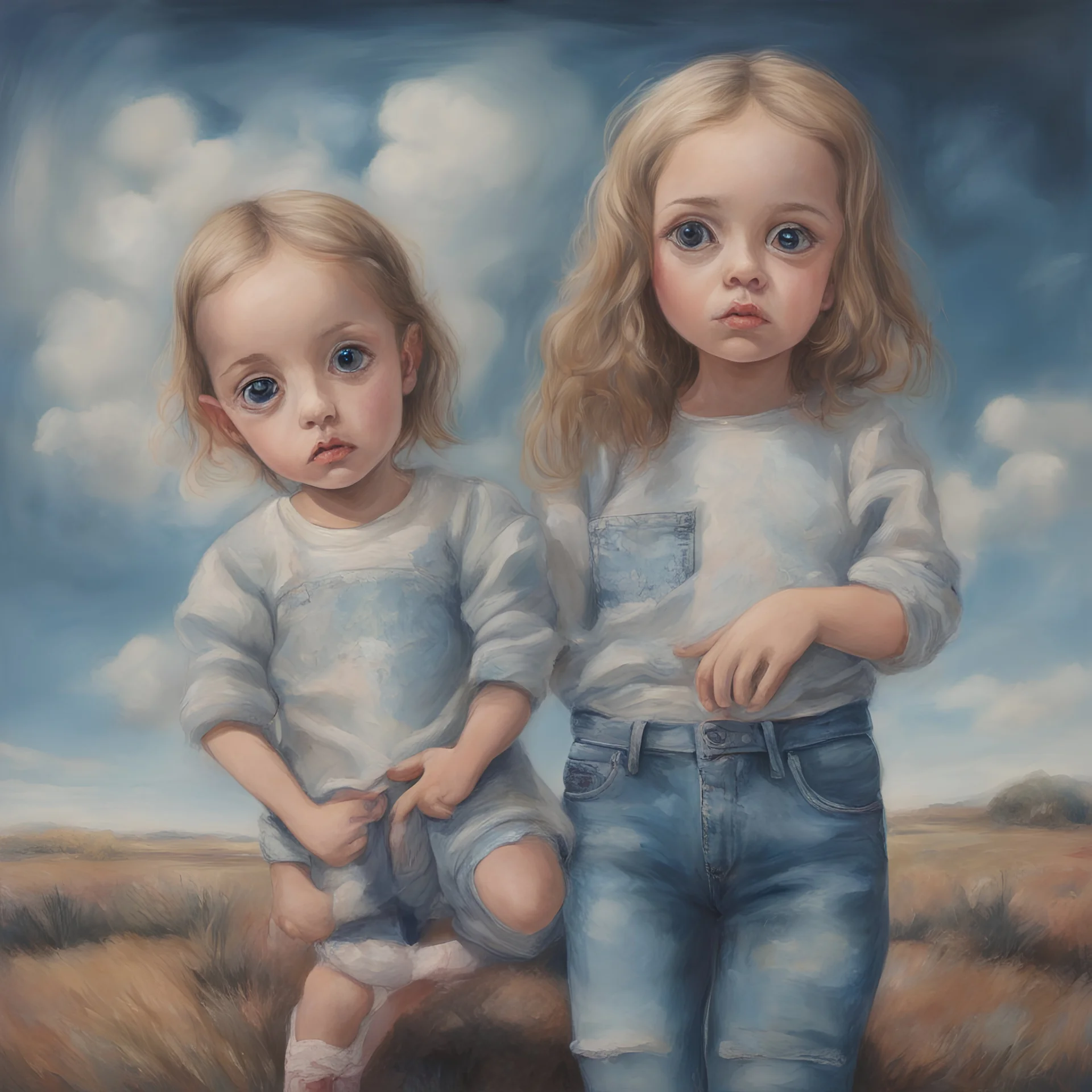 Surreal painting of 2 little girls, jeans, big eyes, the sky in the background