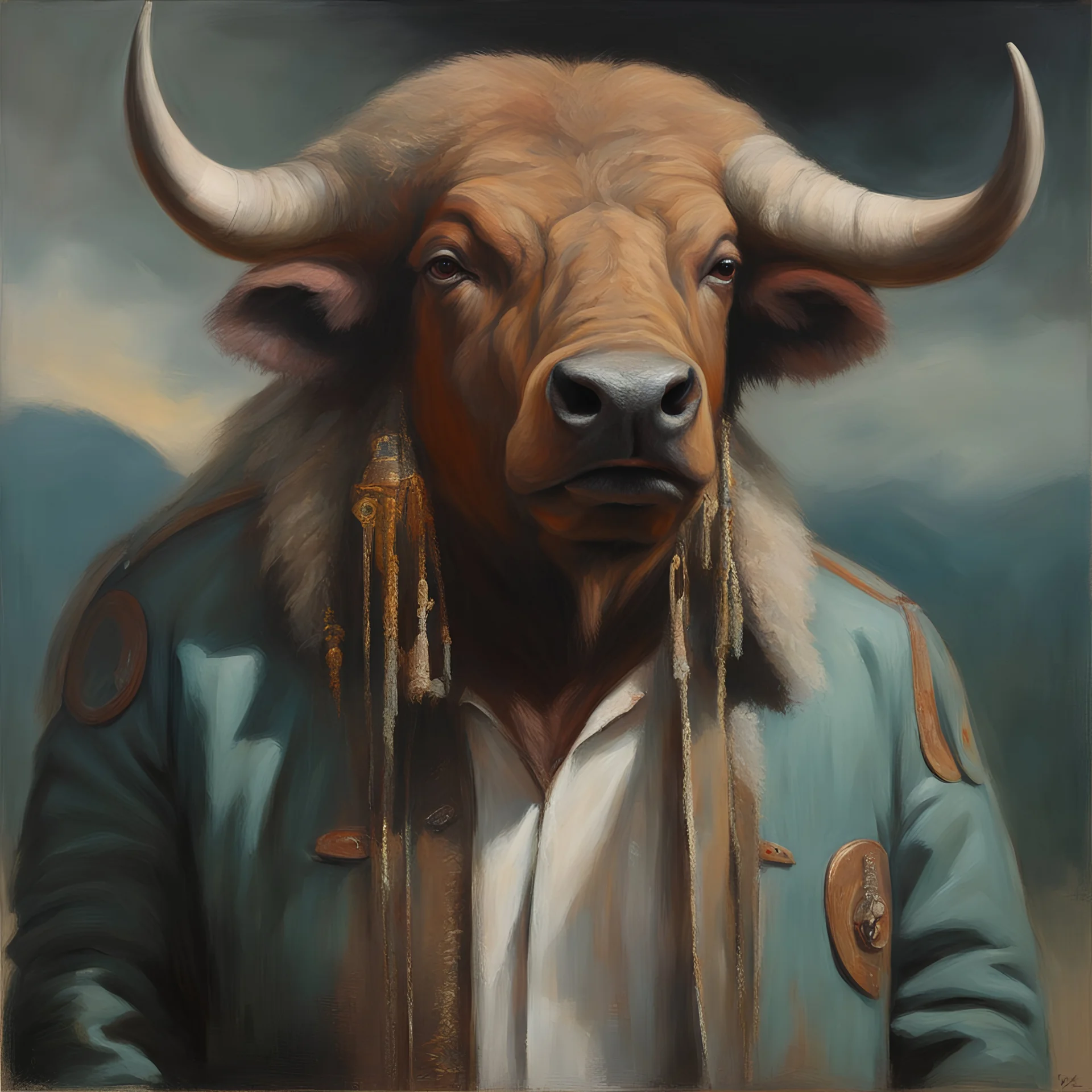 Búfalo humanoide con naríz de hombre, camisa y chaqueta, óleo sobre lienzo, calidad ultra