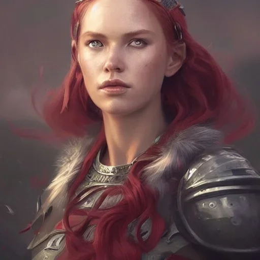 highly detailed portrait viking queen art, anime, delicate red hair, green glass steel armor, cinematic lighting, 4k, 8k, octane render, digital concept art, greg rutkowski, trending on artstation, pinterest, extremely detailed, ambient lighting.