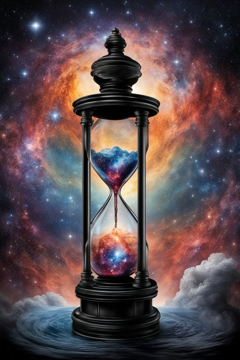 The galaxy pouring through an hourglass, hig detailed, sharp focus, etheraly, stunning, nebula, stars, deep colors, perfect composition