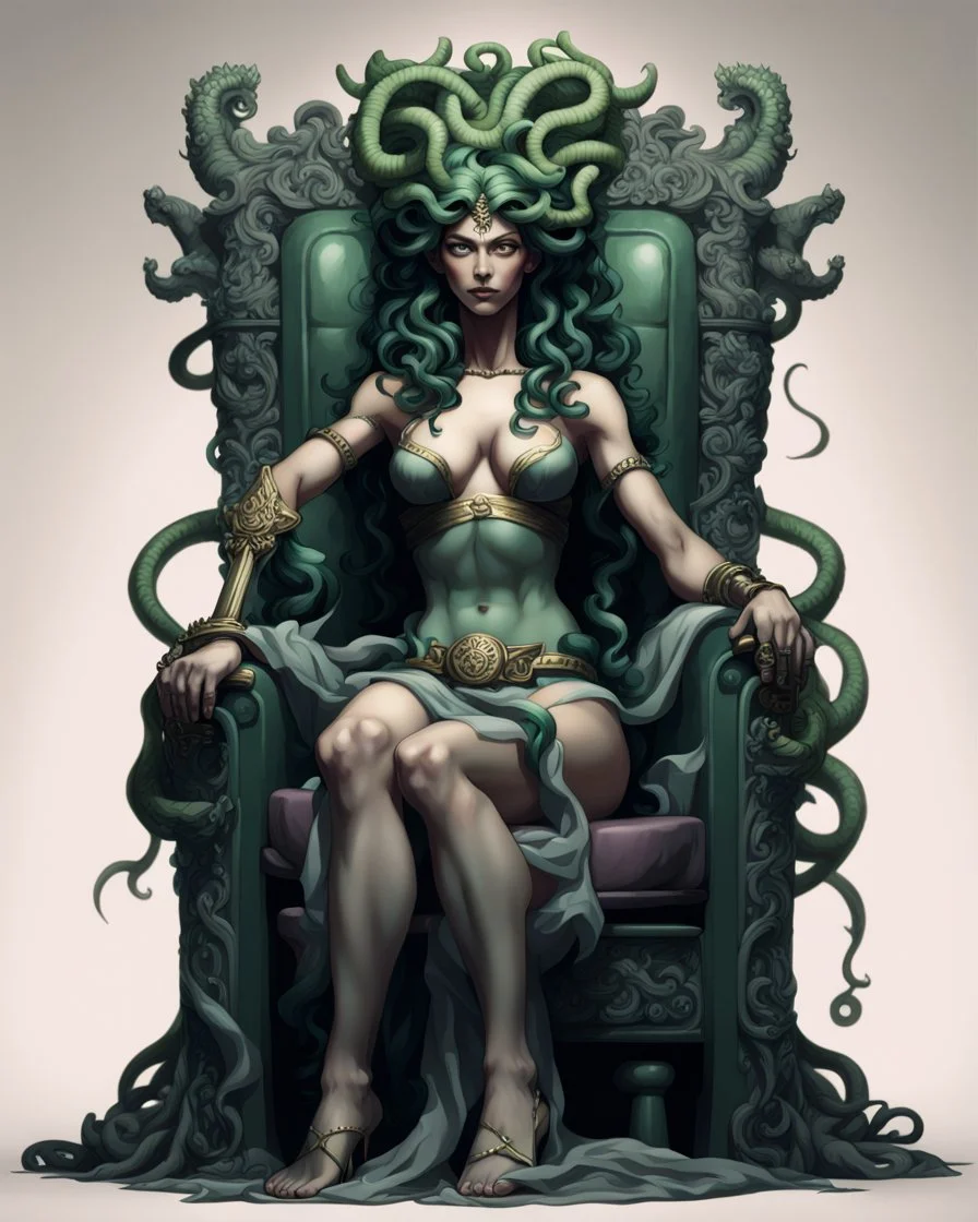 full-length, detailed persona, sword in hand, gorgon medusa, sitting on a throne in a relaxed pose