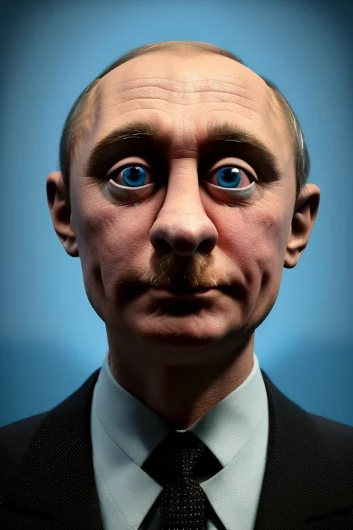 Waist up muppet Portrait, Vladimir Putin as muppet doll, Black suit, photo studio, blue background, unreal engine 5, concept art, art station, god lights, ray tracing, RTX, lumen lighting, ultra detail, volumetric lighting, 3d.