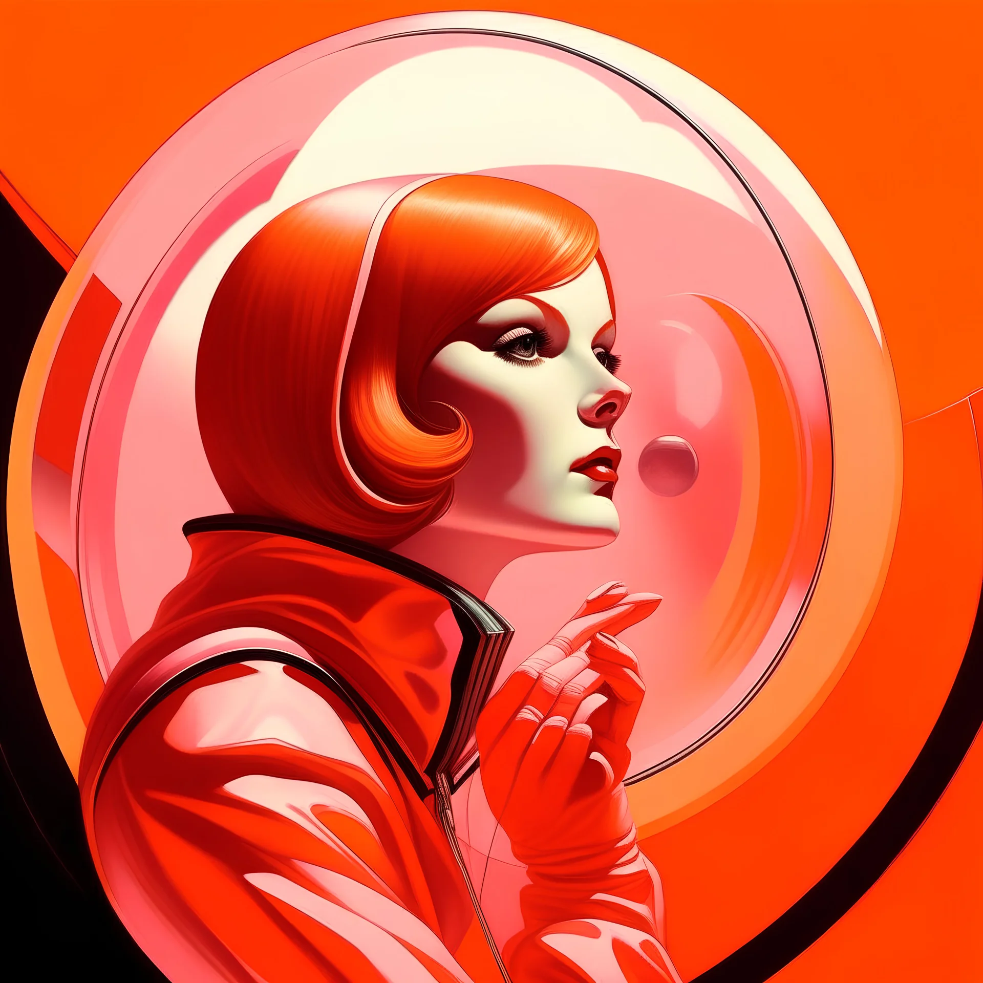 Retro futuristic, pink and orange, greta garbo in a bubble