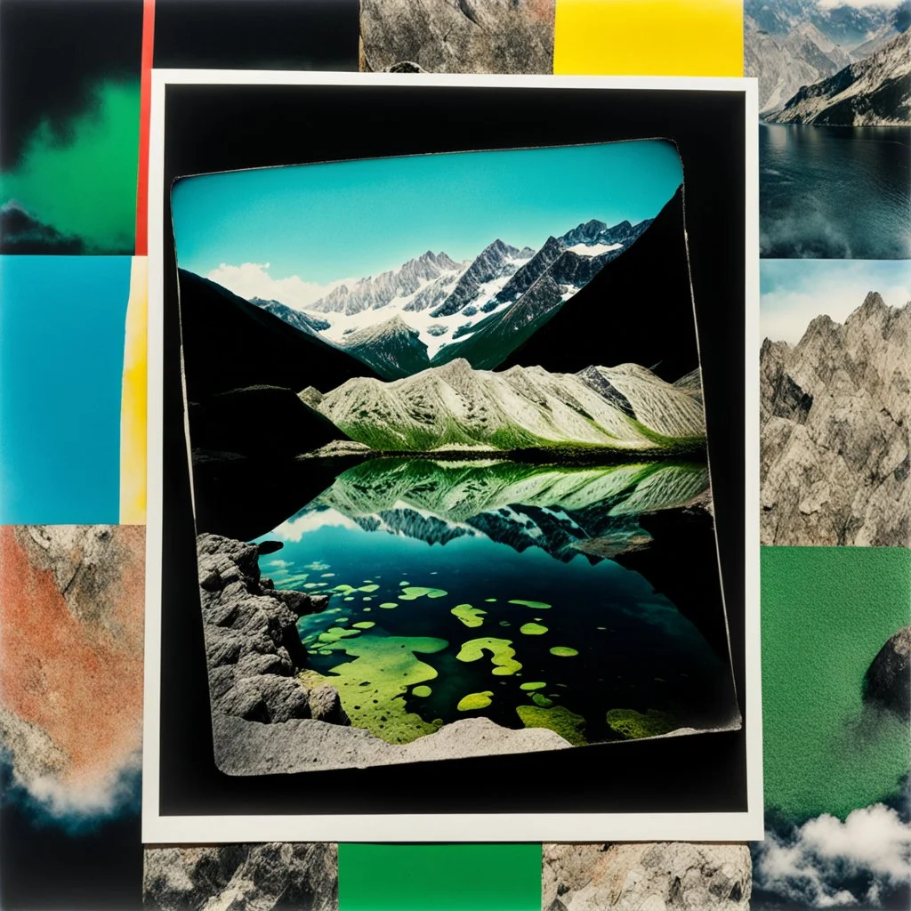 Sublime foto close-up polaroid ad alta definizione di una montagna rocciosa, un lago, surreale, colors, , collage art, dadaism, sublime, splimapys nero, cielo nero, acqua nera riflette un sole nero, macabre piante circondano il lago, alghe, hypermaximalist, Max Ernst style, strangeness, intricate, hypnotic, obsessive, 8k, deep 3d field, very accentuated details of the rocks and shtn, eerie, artistic photo, shot on Hasselblad, large format film, medium format film