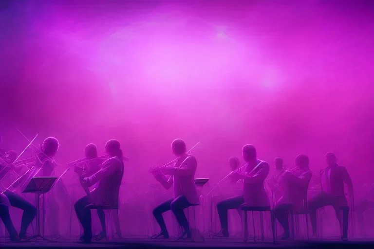 An orchestra playing on stage purple color scheme, high key lighting, volumetric light high details psychedelic background