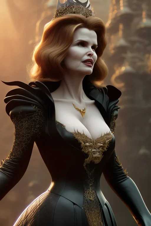 Geena Davis as evil queen in black leather gown, evil, busty, cleavage, curvy, angry, stern look. character design by cory loftis, fenghua zhong, ryohei hase, ismail inceoglu and ruan jia. unreal engine 5, artistic lighting, highly detailed, photorealistic, fantasy