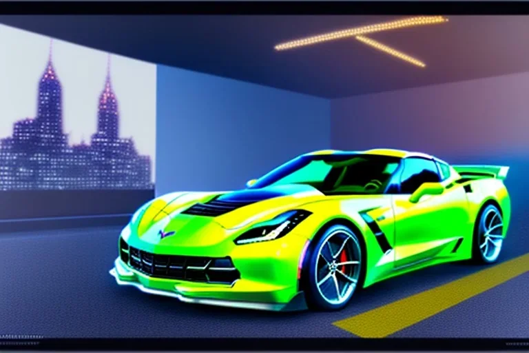 a true-to-life 2015 chevrolet corvette c7.r, centered, intricate, extreme detailed, photorealism, center view, city background, pivot on chevrolet, pen and color marker, painting by cheryl kelley