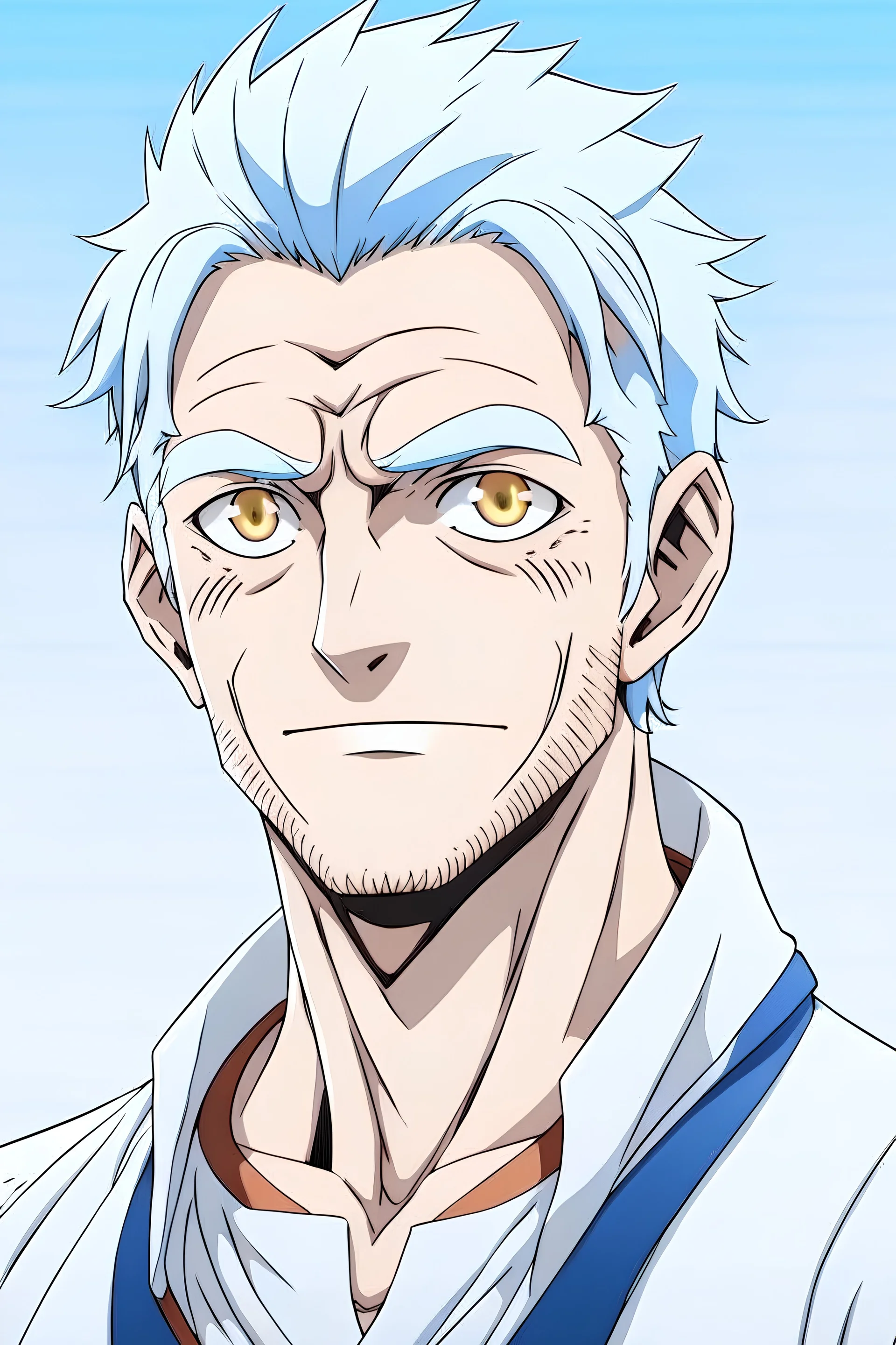an original confident looking male One Piece character with white hair and blue eyes