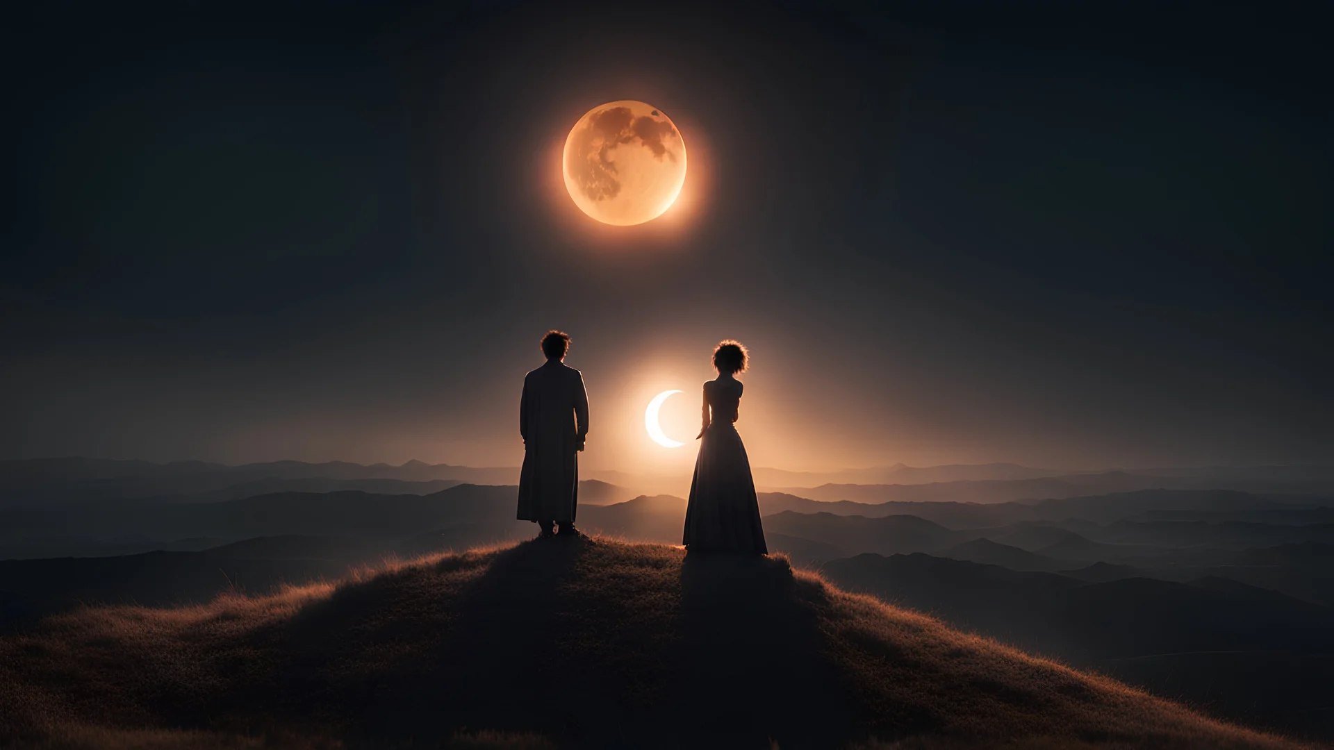 A breathtaking award-winning photo by Sun Junze captures a man and woman standing on a hill, against a backdrop of a crescent and a dark solar eclipse. The magical moment portrays the beauty and mystique of a solar eclipse in the sky, evoking fascination and awe.