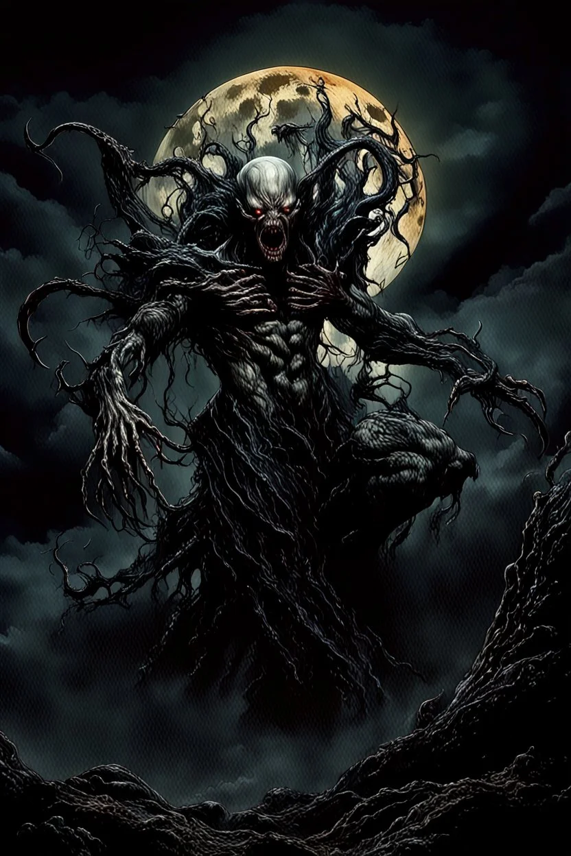 A dramatic digital painting portraying a horror monster under the Moon, veins pulsing, claws of temptation visible, soul in turmoil. In the style of Luis Royo and Boris Vallejo and Giger and Ridley Scott, vivid colors, swirling brushstrokes, highly detailed, 8k resolution, surrealistic., juicy emotions, painting, gloomy fantasy, gloomy day, dark world, portrait, oil and graphite, wide strokes, a weaving frame around, by Ryohei Hase, Agnes Cecile, Raymond Swanland, Anne Bachelier