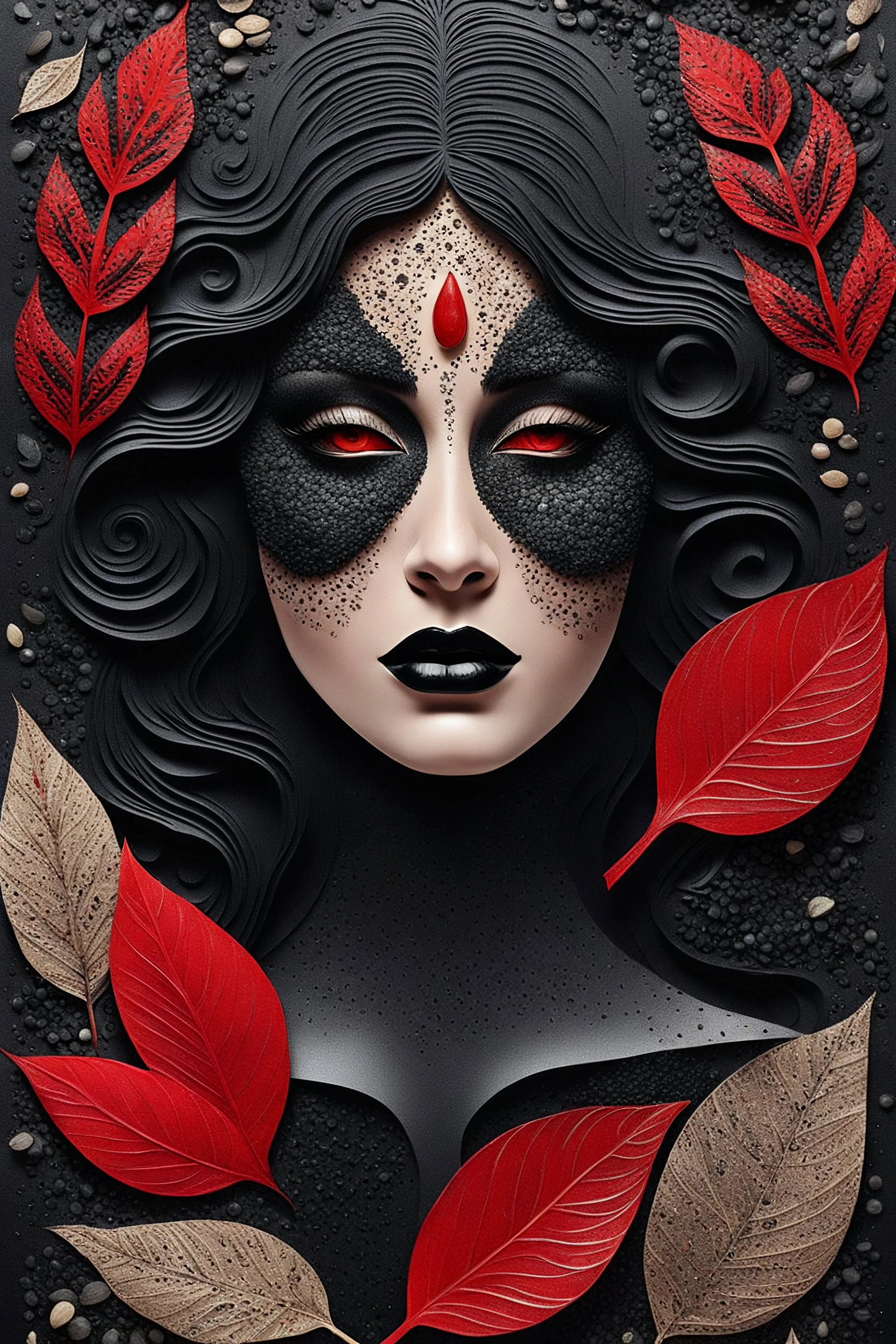 a detailed and abstract image featuring a dark, black stone-like background. Incorporate sand to mixed media, with colors such as bold red, soft cream, and the muted metallic hue of pewter into the design. Sprinkle the scene with delicate patterns of leaf foil, taking the shape of a woman's face. Ensure that the intricate details of the face is evident through the layering of the gold leaf. Thin pyrograph gold lines.