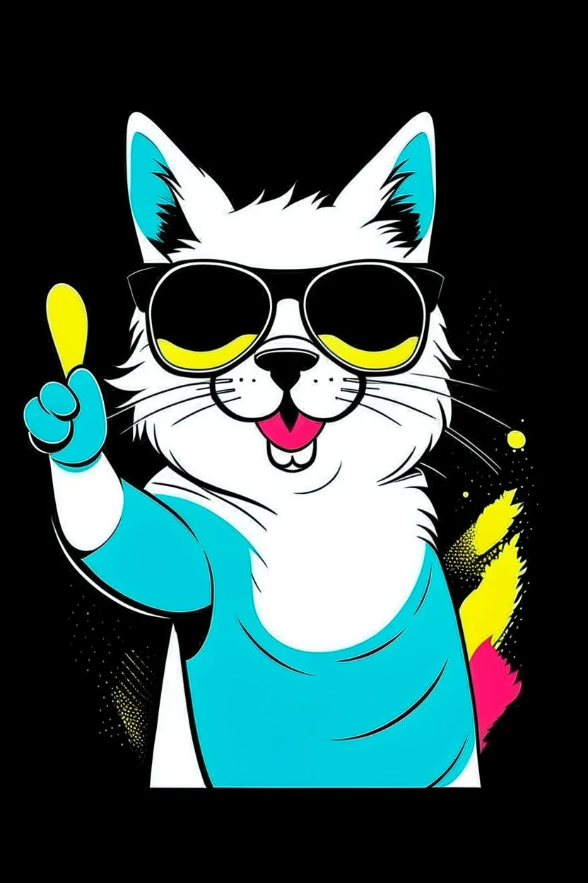 A sleek black cat wearing sunglasses, playfully swatting at a fluffy white dog with a mischievous grin. Style: Pop art, with bold outlines and vibrant colors. Mood: Playful and energetic. Lighting: Bright and flat colors. T-shirt design graphic, vector, contour, white background.