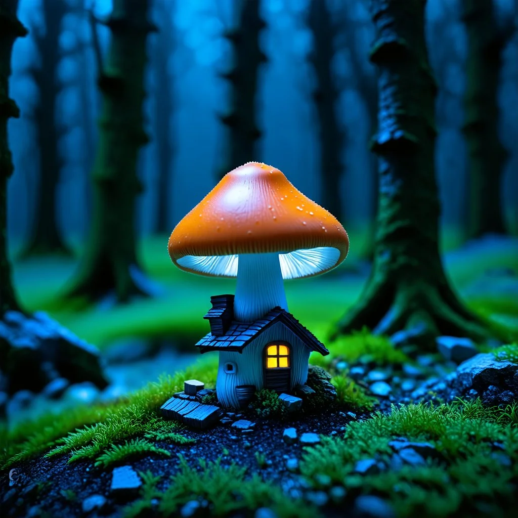 "Close up of a wonderful tiny Mushroom Tower home. Orange and blue with bright white, deep black and contrasting tones of gray. Illuminated bioluminescent forest. Professional painter, master at composition. small but detailed. broken, blurred background, voluminous lighting"