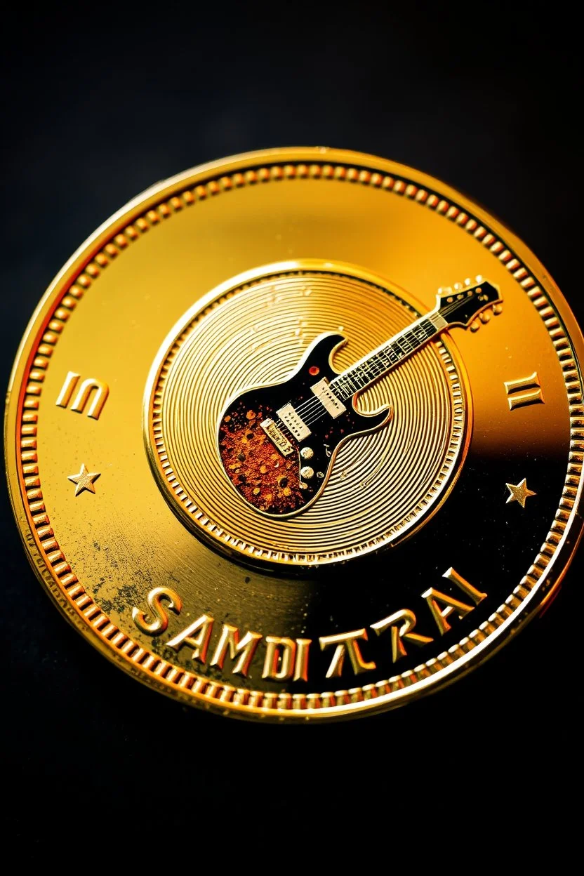 view of word , samarrai , on the edge on a gold coin ,with picture of electric guitar, in the middle of the coin.