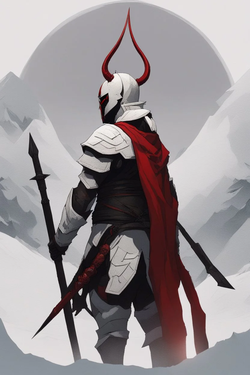 The character, depicted in a striking white armour against a wintry backdrop stands with his hands behind his back inside the scene, he has a red and black circular symbol on his chest like a shield, a black pointed spear with a red handle on his back, His eyes are showing a dynamic expression and he wears a black oni mask with white teeth covering the bottom part of his mouth he has brown shoulder pads and a white karate belt with a bag attached to it. He has dark brown hair. He has no helmet.