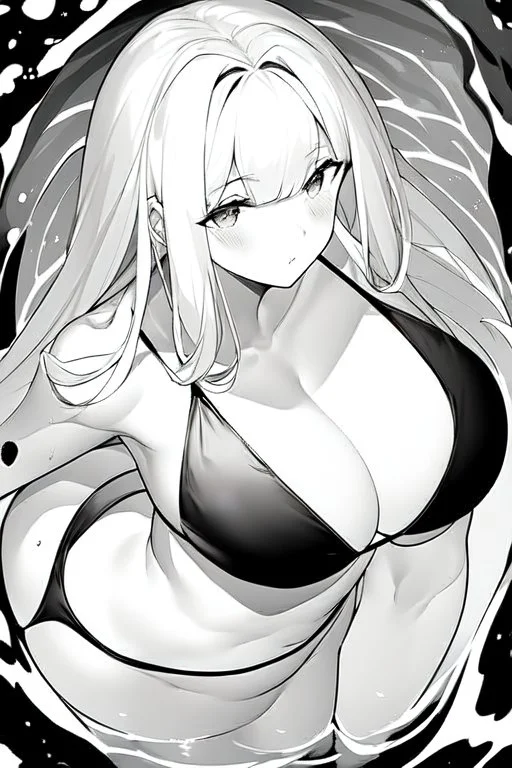 slim girl in a bikini floats in the water, orthogonal top view, greyscale