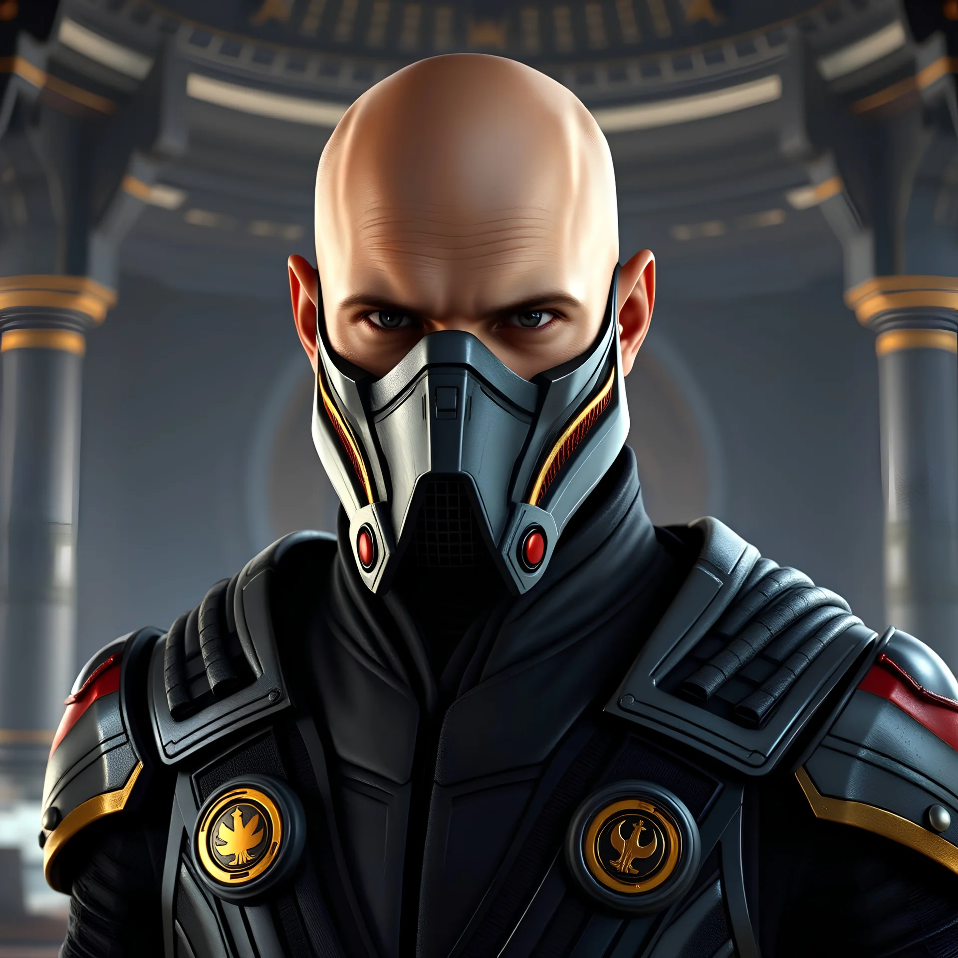 star wars bald male corellian jedi wearing gunmetal grey and black old republic armored flightsuit and breath mask with gold and metallic red trim inside the jedi temple, centered head and shoulders portrait, hyperdetailed, dynamic lighting, hyperdetailed background, 8k resolution, volumetric lighting, light skin, fully symmetric details