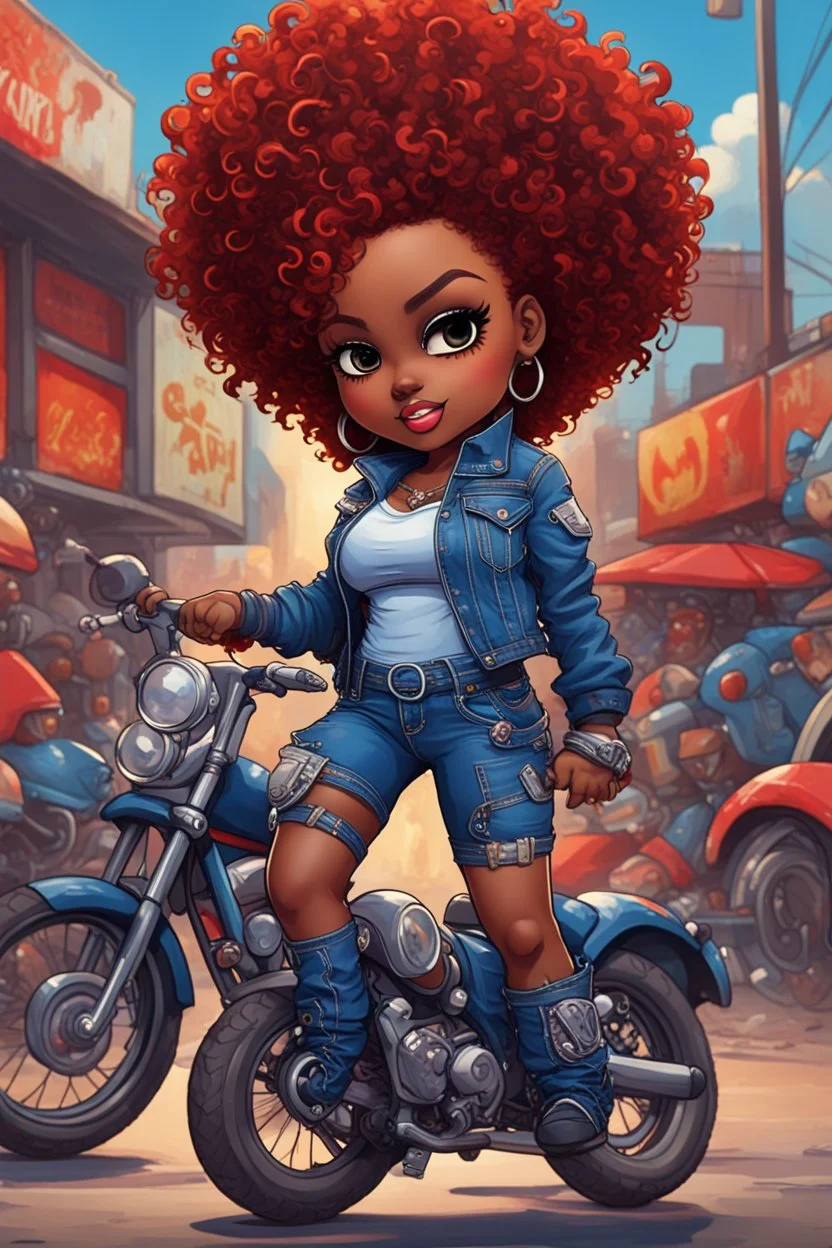 expressionism art illustration of the chibi cartoon character, a voluptuous black female in a blue jean outfit with biker boots. Her prominent makeup and hazel eyes, along with her detailed red curly tight afro, are featured in this image, set against the background of a lively bike show.