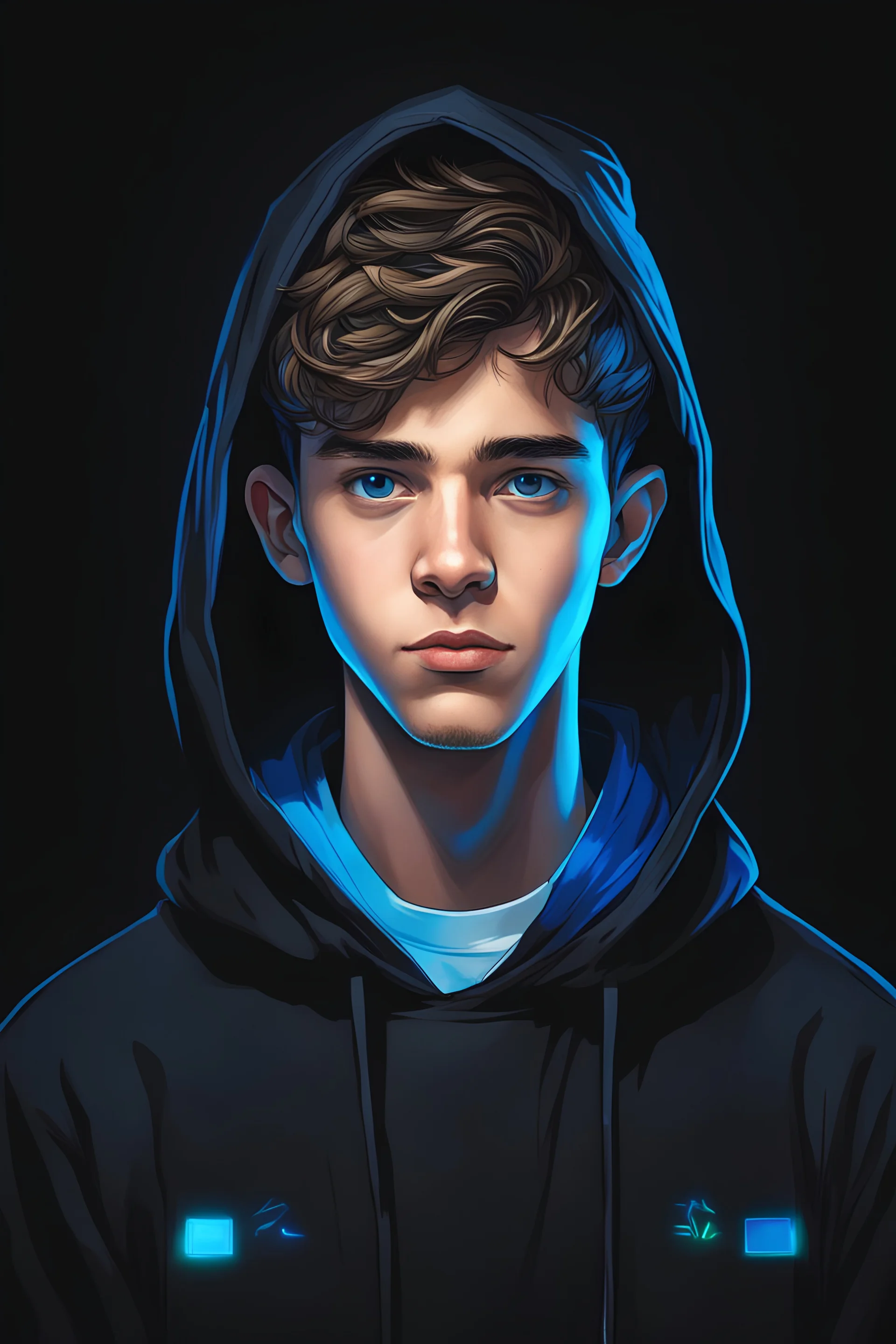 a portrait of programer teenagre boy with black hoody with black background decorated with blue lights