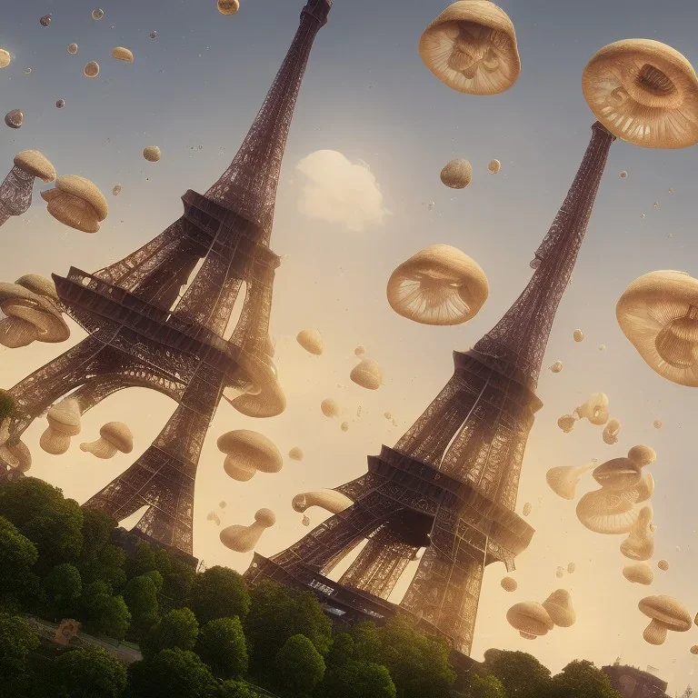 steam punk traffic jam in Paris 3D blender full lenght with white eiffel tower in the background and flying mushrooms in the sky by Dali