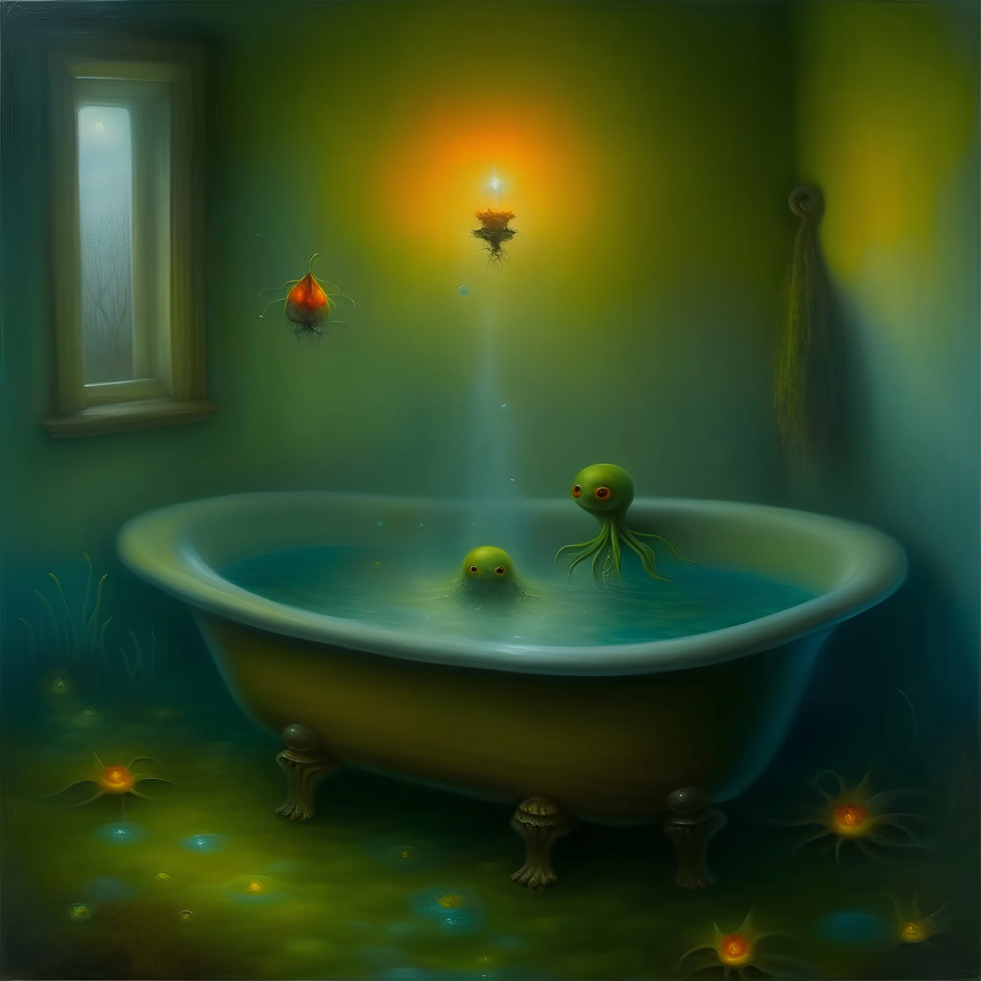 an oil painting of a bathtub in a foggy bathroom with fireflies and aliens