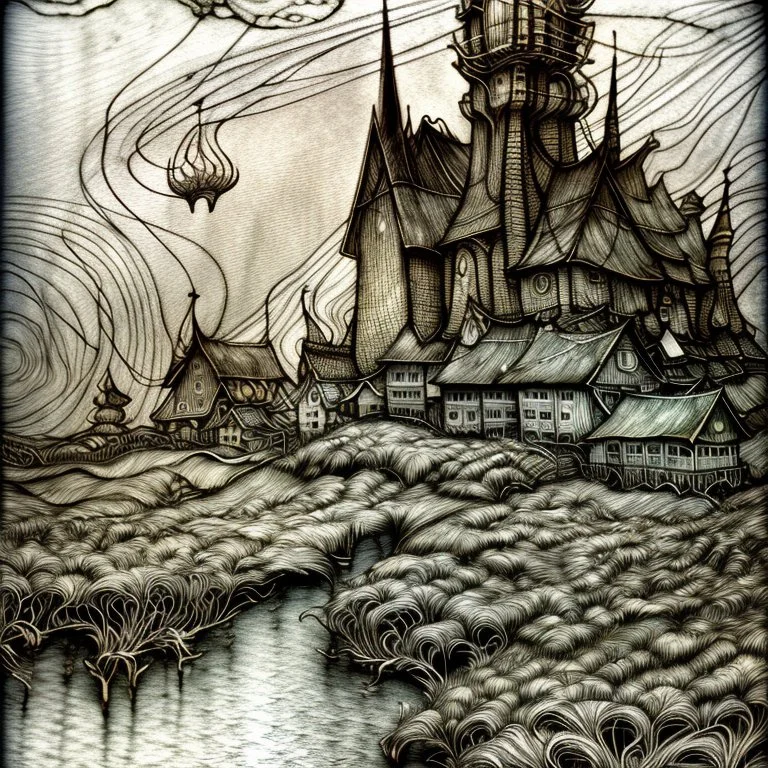 in the style of Arthur Rackham and Van Gogh, zentangle country side village, fantastical surrealistic, elegant, beautiful high definition fine 3D line art, watercolor ink and pen, extremely detailed, intricate, elaborate, HDR, beautiful, award winning, fantastic view, muted colours, fantasy, crisp quality