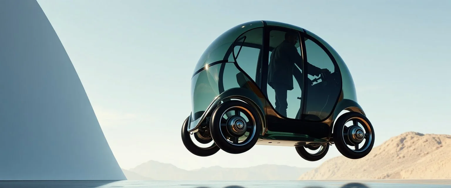 guy standing inside laid back futuristic sci-fi glass human form car pillar on wheels, two wheels are on the middle tipping point, one in the back and one in the front