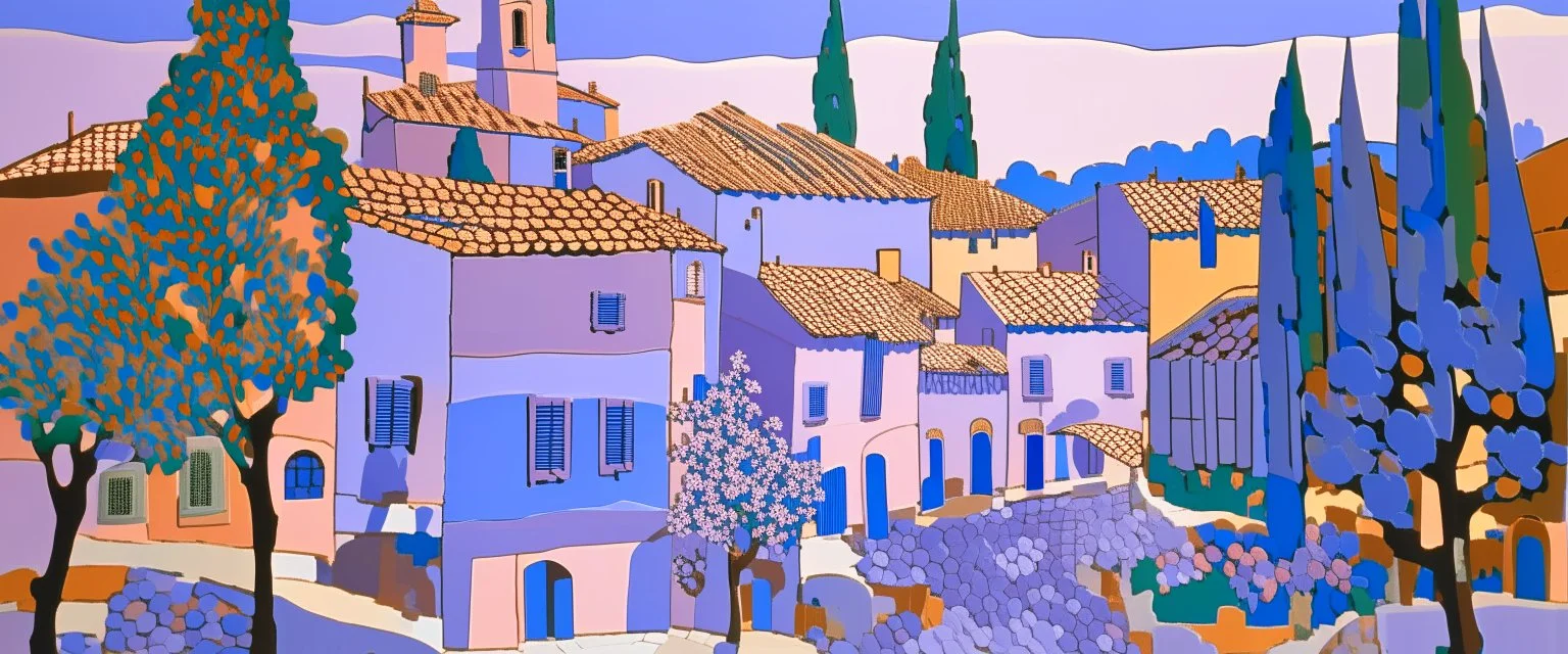 A light purple medieval village covered in paint in art deco style painted by Henri Matisse