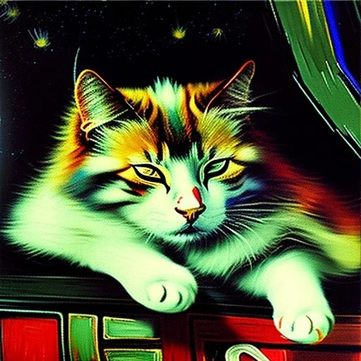 oil portrait of tricolor pattern Cat sleeping in a black sofa by VINCENT VAN GOGH 8k