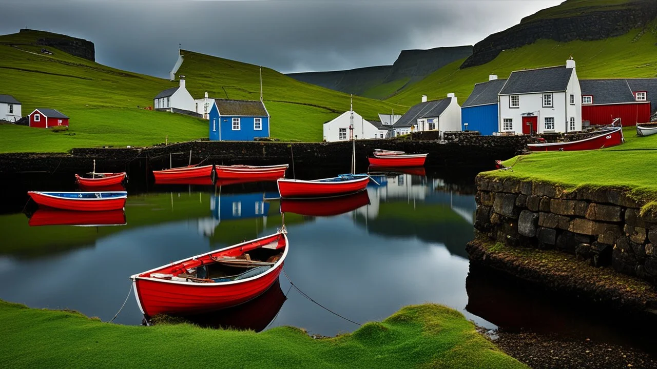 Painted fishermen’s boats anchored in a harbour in the Faroe Islands near a fishing village, fishermen putting fishing nets on their boats, peaceful, calm sea, early morning, sunrise, houses have turf (grass) roofs, beautiful romantic photograph, excellent composition, atmospheric, realistic