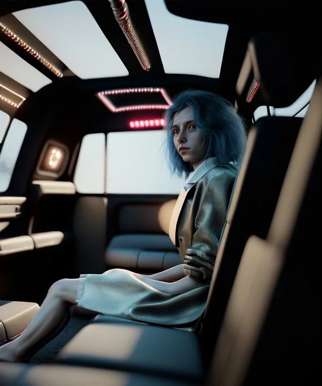 Ultra realistic back seat of limousine image, wide angle view, homeless woman, many color balls, circus clothing, long hair, smoke, feather long coat, soft color, highly detailed, unreal engine 5, ray tracing, RTX, lumen lighting, ultra detail, volumetric lighting, 3d, finely drawn, high definition, high resolution.