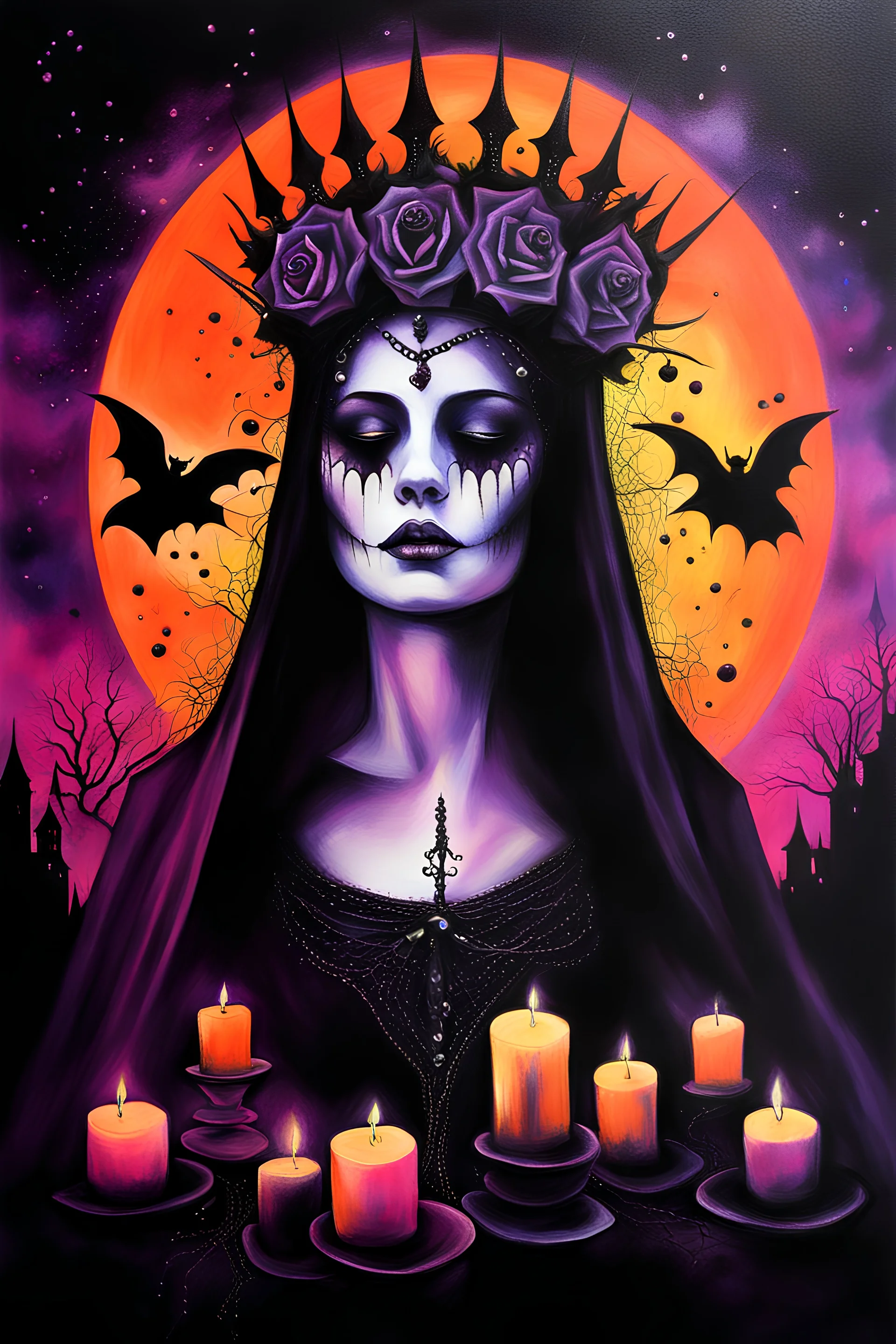 a woman wearing a thorny crown of black roses and weeping black tears, Halloween, bats, full moon in a nebula sky, neon spray paint, acrylic paint, fantastical surrealist world, in the style of Stephen Gammell, extremely detailed Zentangle style, sick, gothic, eldritch, candles, neon grape purple, dayglo orange, chartreuse green, Halloween