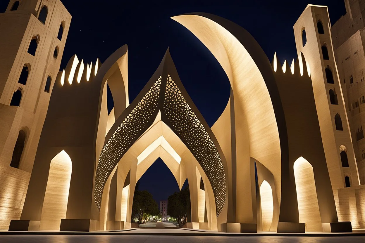 a noctilucent gothic_arab gate in an oriental city at night by sculptor "Lygia Pape",by artist "Lygia Clark"