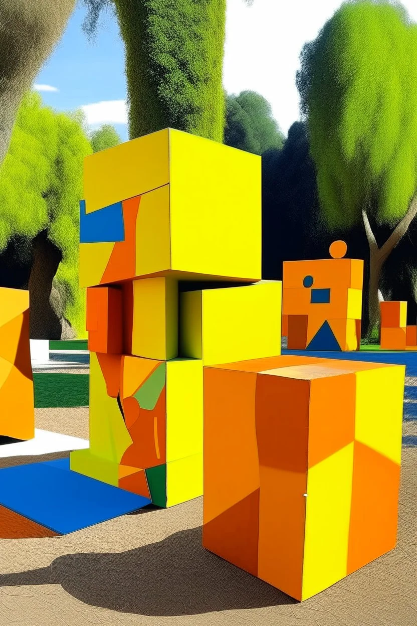 A yellowish orange colored blocky park with magnets painted by Pablo Picasso