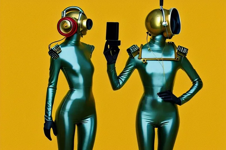 Golden to cyan surfaces body, latex. Tendril-Synthesizer. Partly coverage metallic headphones. Hot Russian military girls, trooping rebels. Old-fashioned cameras integrated to heads. Strange Steam-punk telephones! Dystopia perfect body. Red 4D-tiling. Partly symmetrical in relation to big machines. Perfect golden ratio in all directions. Time-space-corruption. Steam-machines in 5th dimension. 3D-Tessellation. Antennas. Sputnik. Paranoid, oppressive atmosphere. Soviet propaganda. Egyptian Nazi.