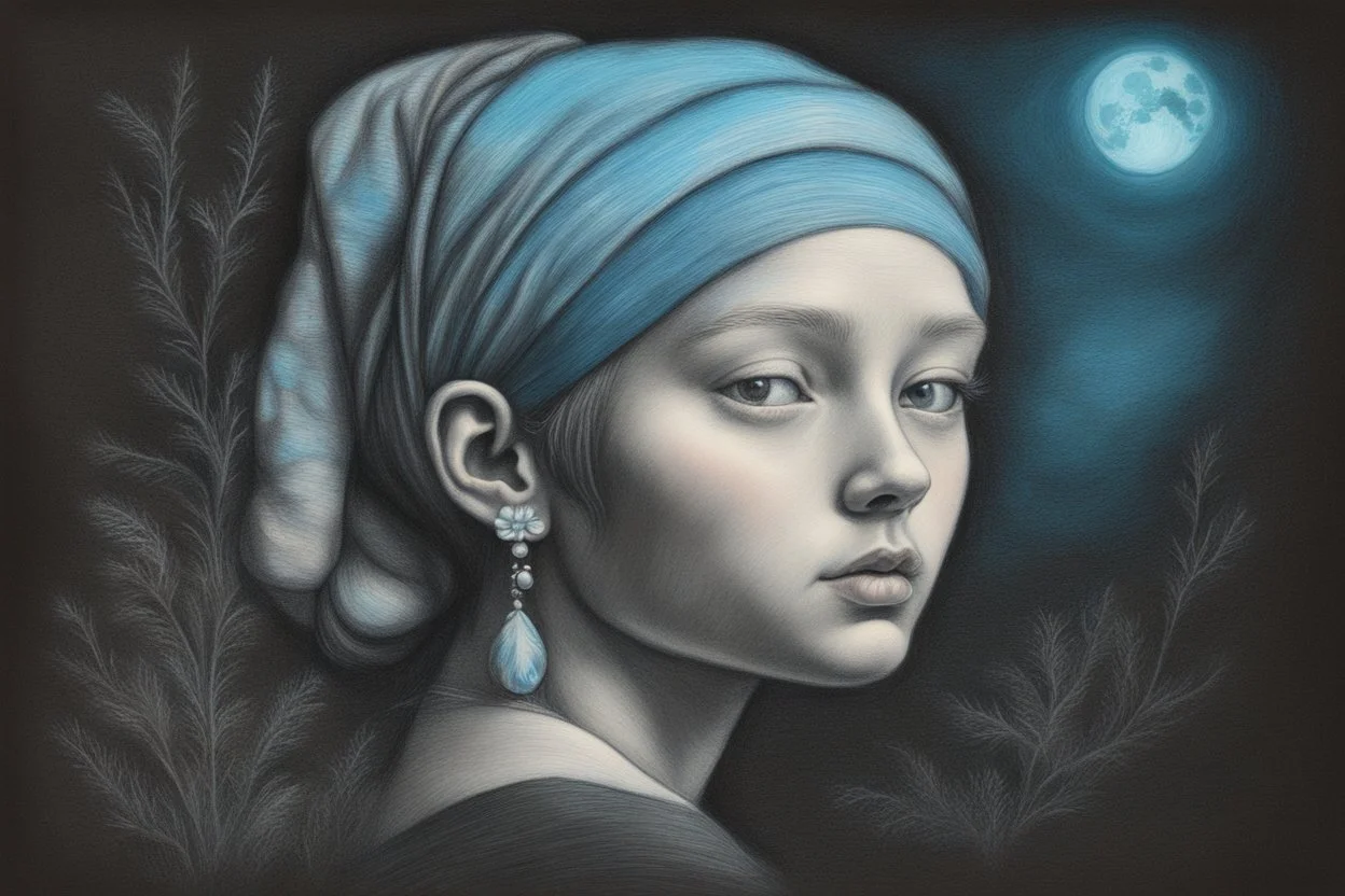 flower cut, girl with pearl earring S<AI in moonlight, shaded pastel and charcoal drawing, bioluminescent, holographic