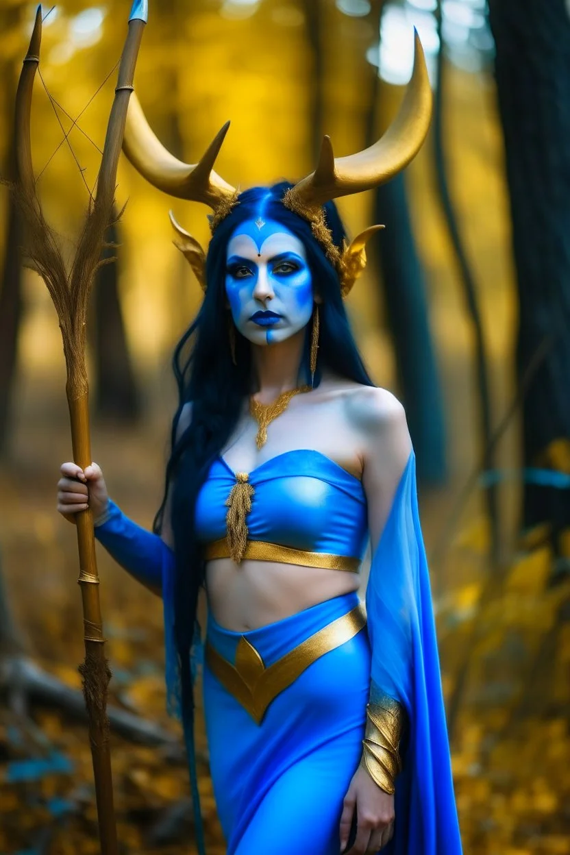 A picture of a beautiful blue faced Indian goddess with skin painted blue, blue body, blue torso, wild black hair, stag antlers, elven ears, golden skirt, holding a staff in a sunny forrest