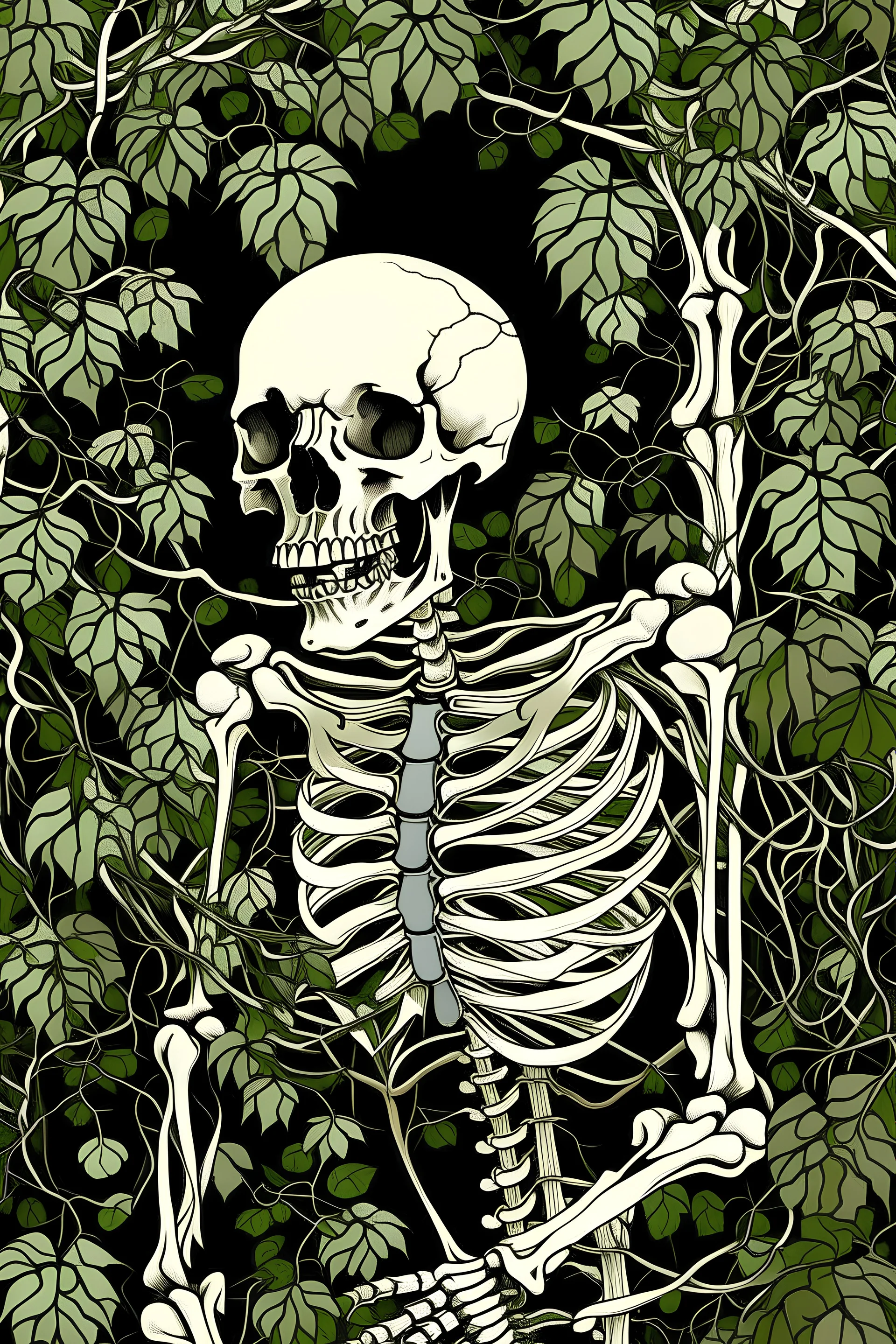skeleton with vines all over