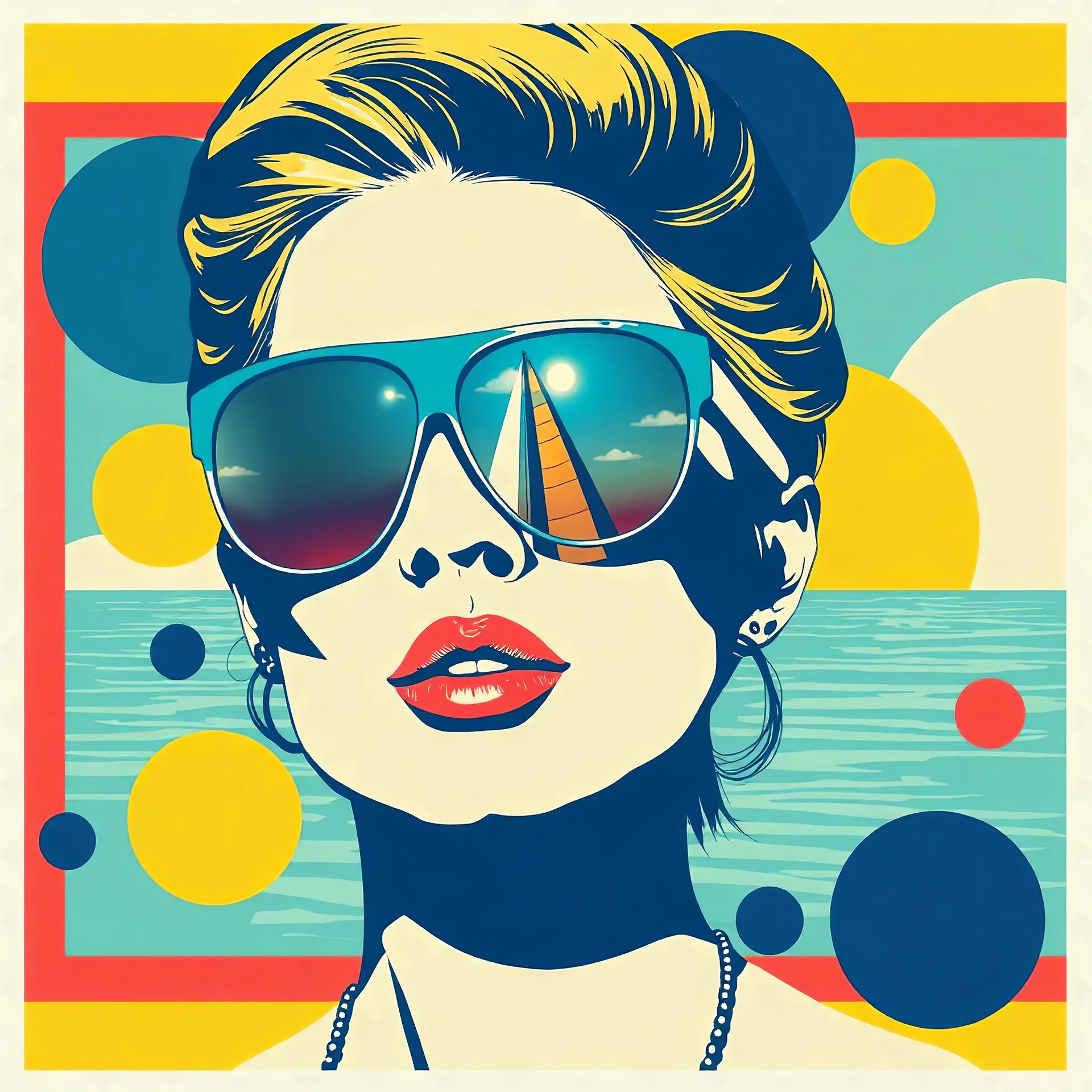 Pop art composition of a stylish woman wearing reflective sunglasses reflecting a sailboat, abstract shapes in background