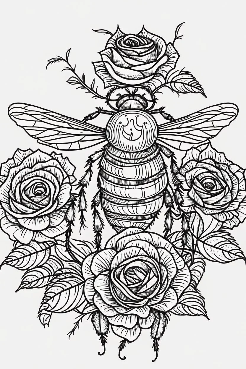 bee with roses idea, line art, background, vector, svg, black outline on white background, leave plenty of white space beetween lines for coloring, tattoo style, tattoo idea,full body, minimalist