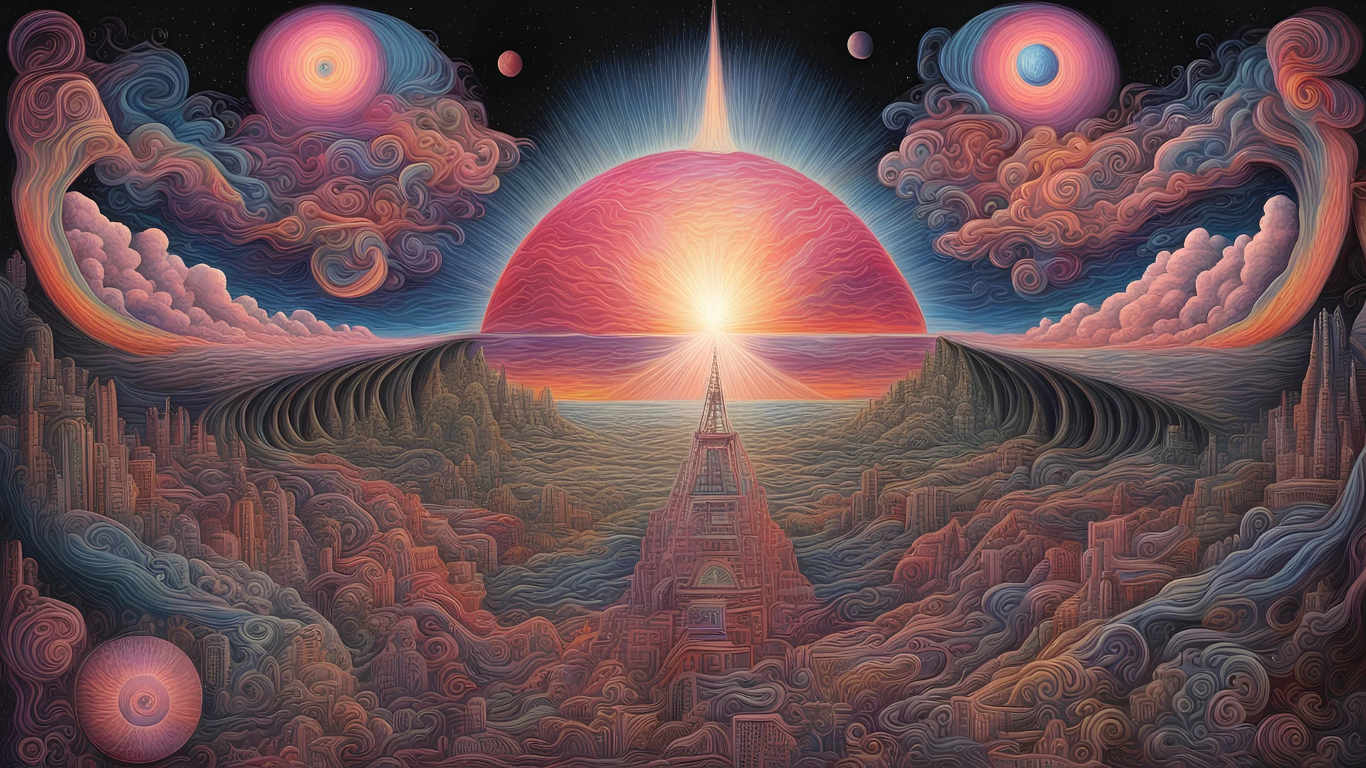 Dark Side Of The Moon || surreal tribute to Pink Floyd, psychedelic, expansive, maximalist, sharp focus, in the styles of Pablo Amaringo and Robert Venosa and Alex Grey, intricate details