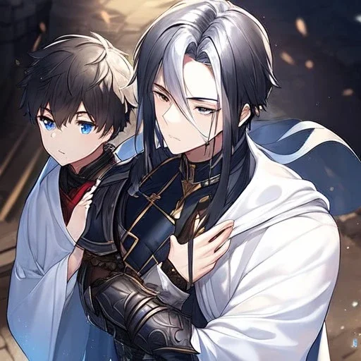 Girl with white hair wearing white robes. Boy with black hair wearing leather armor