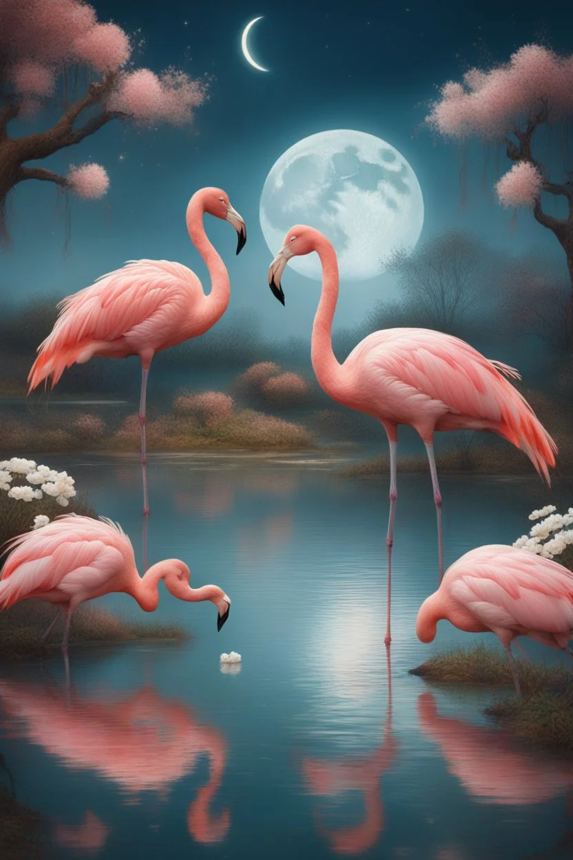 Bosch painting style nightmare, a pair of flamingos in a lake with long white flowers trees and the moon in the background behind them , high quality, beautiful scene and 8k ,