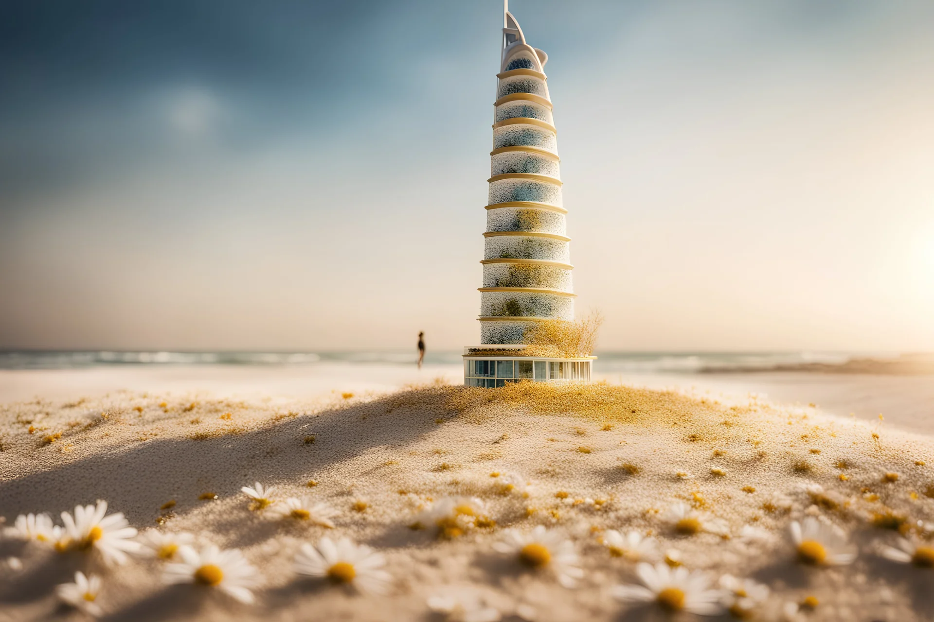 Burj al arab, made of daisy flowers in the sand in the sunshine, watercolor and black ink outlines, sparkling golden glitter, ethereal, cinematic postprocessing, bokeh, dof