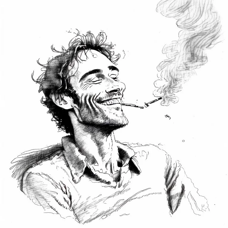 A man enjoying the intoxicating feeling from smoking weed, pencil sketch